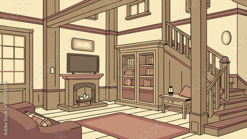 Cozy Traditional Living Room Interior with Fireplace, Sofa, Bookshelf & Wooden Staircase Illustration