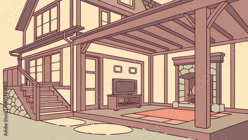 Cozy Cartoon House with Outdoor Living Area and Fireplace