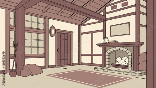 Cozy Rustic Living Room Illustration with Fireplace and Exposed Wood Beams