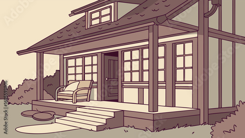 Cozy traditional home illustration with a welcoming front porch, steps, and inviting design