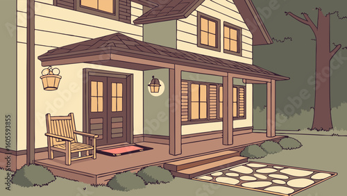 Cozy House Exterior with Welcoming Front Porch and Stepping Stones Vector Illustration