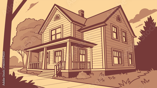 Sepia Toned Illustration of a Charming Two-Story Residential House with Porch and Garden