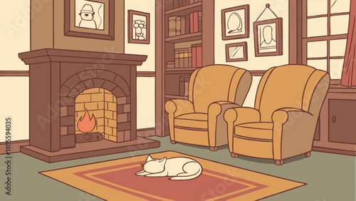 Cozy Living Room Illustration with Sleeping Cat by Fireplace, Armchairs, and Bookshelf