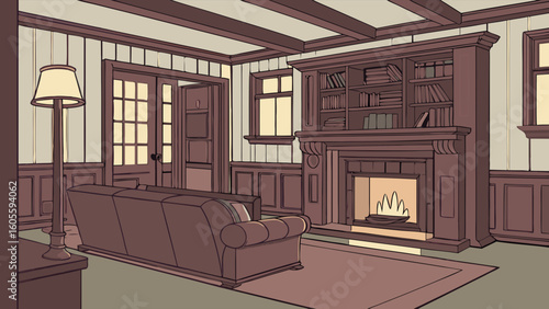 Cozy Traditional Living Room with Burning Fireplace and Wood Paneling Illustration