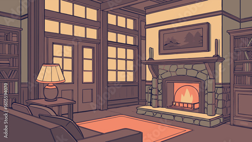 Cozy Traditional Living Room Illustration with Fireplace, Bookshelves, and Sofa. Warm Home Interior Background.