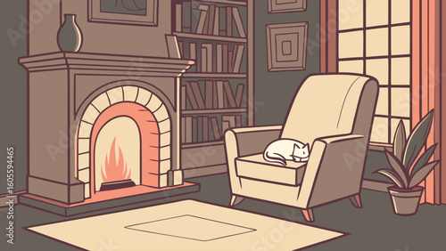 Cozy Living Room Illustration with Warm Fireplace, Bookshelf, and Sleeping Cat