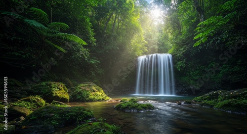 Sunlight Dappled Waterfall in Lush Green Tropical Forest