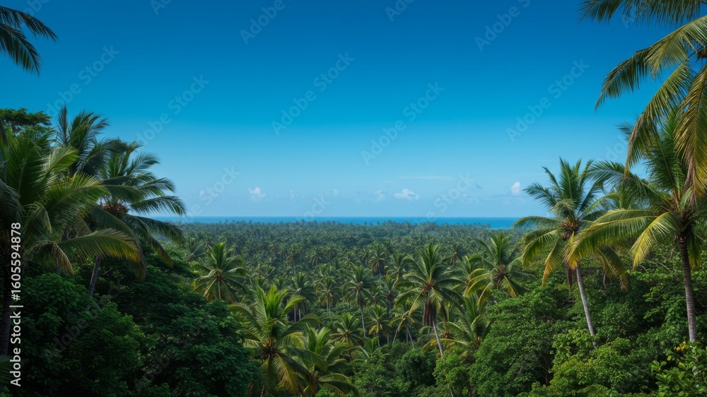 Fototapeta premium Elevated View of Lush Tropical Landscape with Ocean