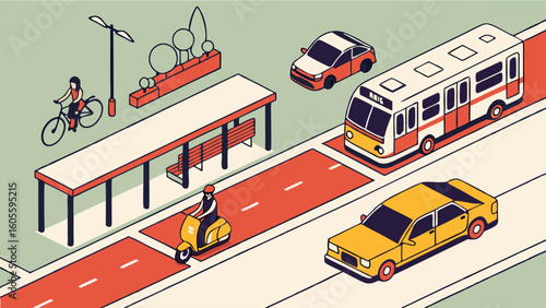Isometric illustration of urban transportation, including cars, bus, bicycle, and scooter on city streets with infrastructure