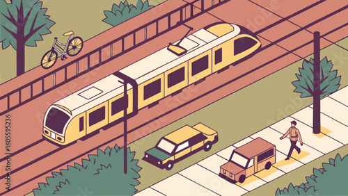 Modern City Transport: Isometric Illustration of Train, Cars, Bike, and Pedestrian