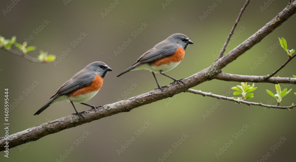 Two Small Birds Perched on Branch in Springtime Woodland Two Small Birds Perched on Branch in Springtime Woodland