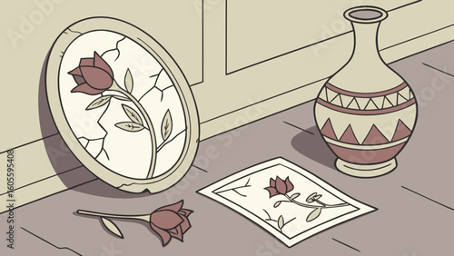Broken Rose Art and Vase Still Life Illustration Depicting Fragility and Nostalgia