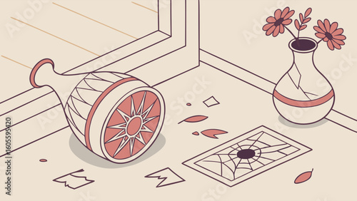 Broken Vase and Shattered Glass on Windowsill - Minimalist Illustration of Accidental Damage and Disarray