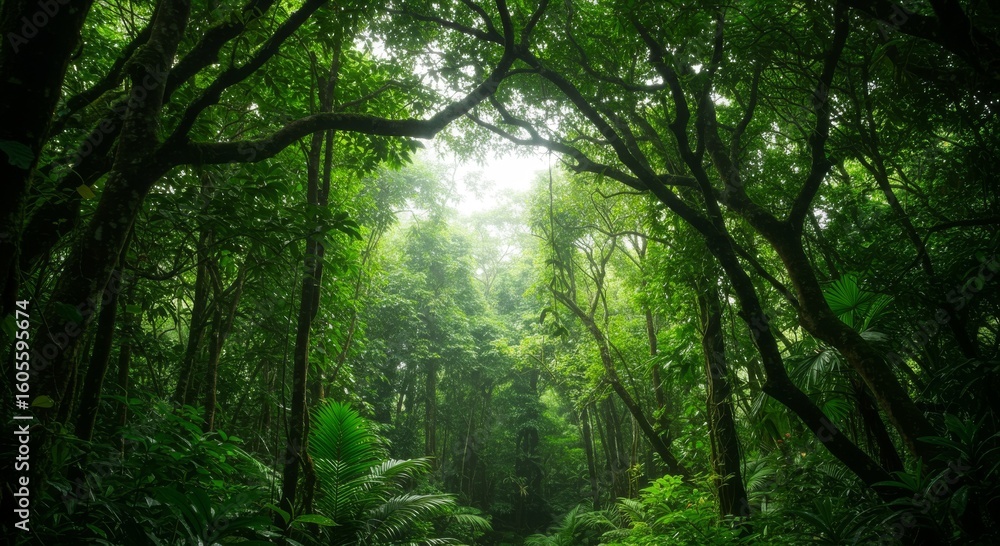 Fototapeta premium Lush Green Tropical Forest Canopy Sunlight Through Leaves