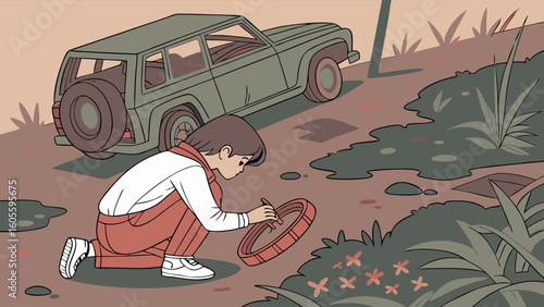 Person Kneeling with Red Ring Near Old SUV on Dirt Path in Muted Tones