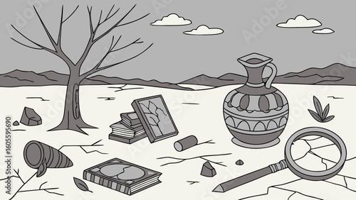 Cracked Earth and Broken Relics: Monochrome Scene of Environmental Decay and Lost Knowledge