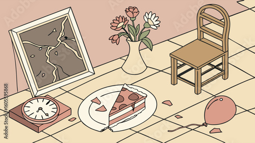 Conceptual still life illustration with broken picture, deflated balloon, and cake slice depicting time and decay.