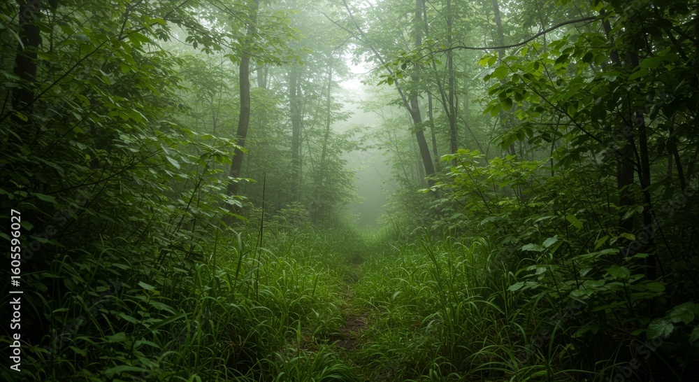 Obraz premium Misty Green Forest Path