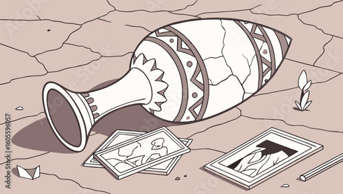 Broken Ancient Vase and Faded Photographs on Cracked Ground Symbolizing Loss and Memories