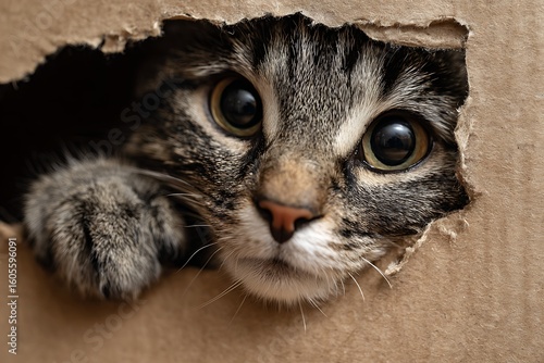 Curious tabby cat peeks through a hole in a cardboard box, observing.