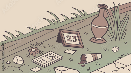 Illustration of discarded personal items: broken frame, vase, and spilled cup on ground by grass and curb, symbolizing loss.