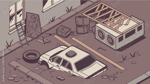 Post-Apocalyptic Urban Decay Illustration: Isometric View of Ruined City with Abandoned Car and Debris