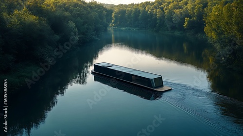Wallpaper Mural Aerial view of a houseboat navigating a calm river surrounded by lush green forest on a sunny day Torontodigital.ca
