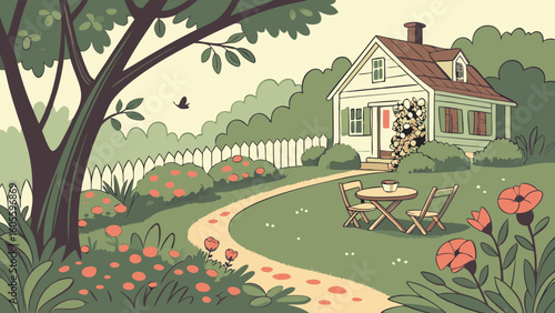 Peaceful suburban house with green garden, winding path, and outdoor patio. Cozy home illustration.