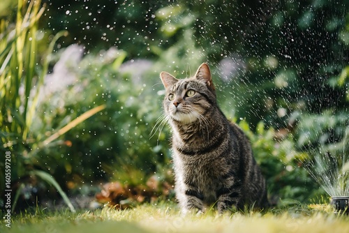 A tabby cat sits in a garden, gazing upwards with water droplets around.