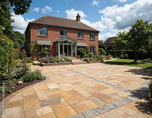 Modern stone patio, garden path designs feature sandstone paving slabs in warm earth tones. Classic driveway patterns incorporate brick, concrete elements. Landscaping enhances exterior of brick