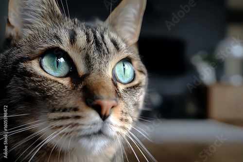 Close-up of a tabby cat with striking turquoise eyes, looking intently to the side.