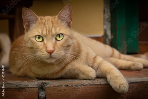 A ginger cat resting on a brick surface, its gaze directed at the viewer.
