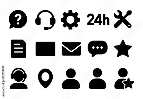 Solid customer support and service icons set with headset, gear, chat, user, star, location