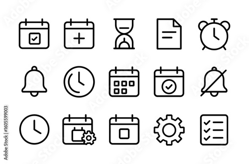 Calendar, clock, bell, gear, hourglass, checklist, document, outline time management icons set