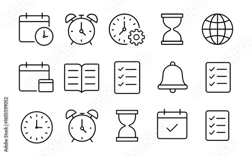 Outline icons set: calendar, clock, alarm, checklist, book, bell, hourglass, globe, timer, gear