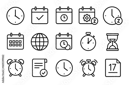 Clock, calendar, stopwatch, hourglass, globe, alarm, outline icons for time, date, schedule, reminder
