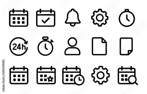 Outline icons set: calendar, checkmark, bell, gear, stopwatch, user, document, 24h, search