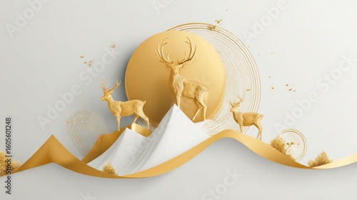Golden deer on a landscape of white and gold.