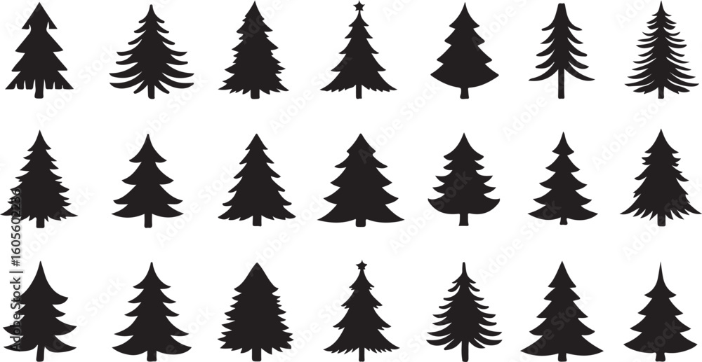 Fototapeta premium Evergreen silhouettes various styles christmas trees pine trees