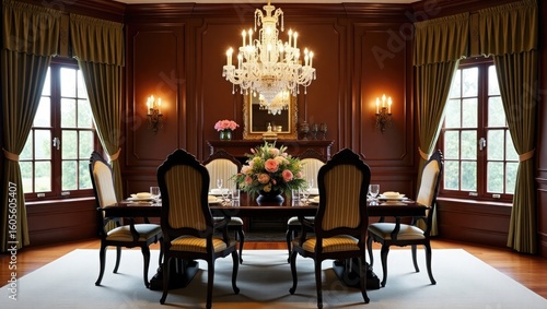 Elegant dining room with a grand crystal chandelier dark wood paneling and ornate chairs set for a formal meal