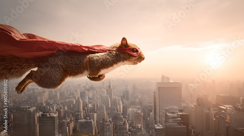 Superhero Squirrel Flying Over the City – A Fun and Whimsical Adventure