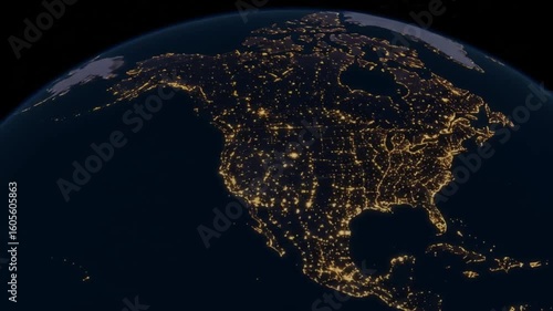 A view of earth at night showing north america lit up with city lights from space view