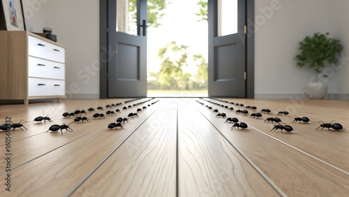 Ant Infestation in Modern Home Interior with Open Door