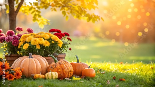 Autumn Garden with Pumpkins, Chrysanthemums, and Colorful Fall Foliage in Warm Sunlight