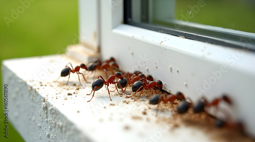 Close up view of several ants moving on a window sill in natural daylight