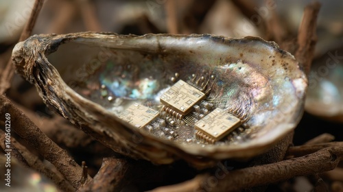 Wallpaper Mural Electronic components nestled inside iridescent oyster shell, resting on twigs and creating visual contrast between natural marine environment and cutting edge technology Torontodigital.ca