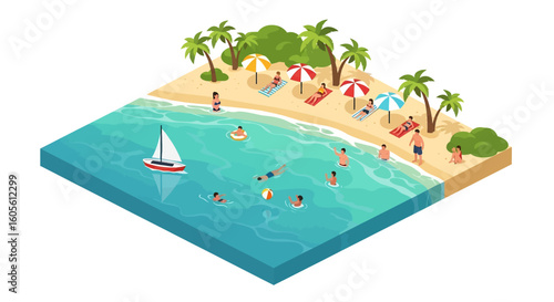 Adobe Illustrator artwork 3D isometric view of a tropical beach scene with people swimming, sunbathing under umbrellas, and a sailboat on the turquoise water. Ideal for summer vacation themes