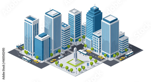 Adobe Illustrator artwork 3D isometric view of a city intersection with skyscrapers, trees, a monument, cars, and buses. Ideal for urban planning and transportation themes