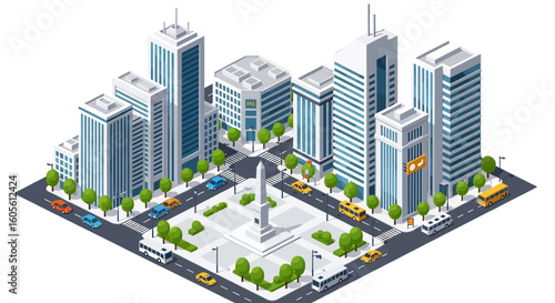 Adobe Illustrator artwork 3D isometric view of a city intersection with skyscrapers, trees, a monument, cars, and buses. Ideal for urban planning and transportation themes
