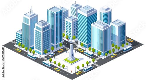 Adobe Illustrator artwork 3D isometric view of a city intersection with skyscrapers, trees, a monument, cars, and buses. Ideal for urban planning and transportation themes